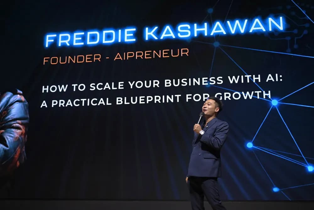 A session on a practical blueprint for scaling a business with AI at SCALECON Surabaya 2026